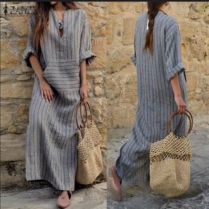 Grey Striped V-neck Linen Maxi Dress
